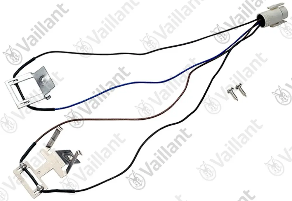 Vaillant Fühler mit mehreren Drähten, Metallbefestigungen und Stecker, inklusive zwei Schrauben zur Befestigung. Einsatz in Heiz- oder Abgassystemen.